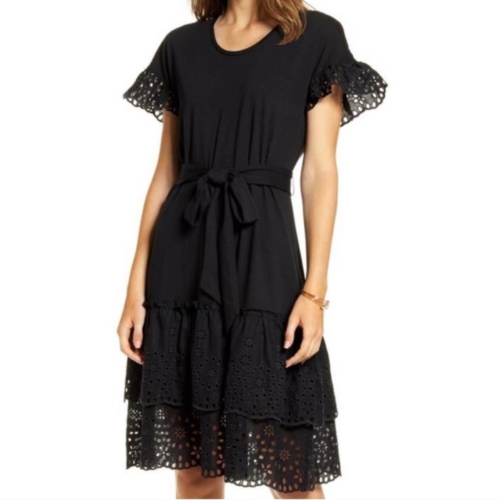 Rachel Parcell Black Eyelet Ruffle Dress Teared Layer Women’s XS - Picture 3 of 13